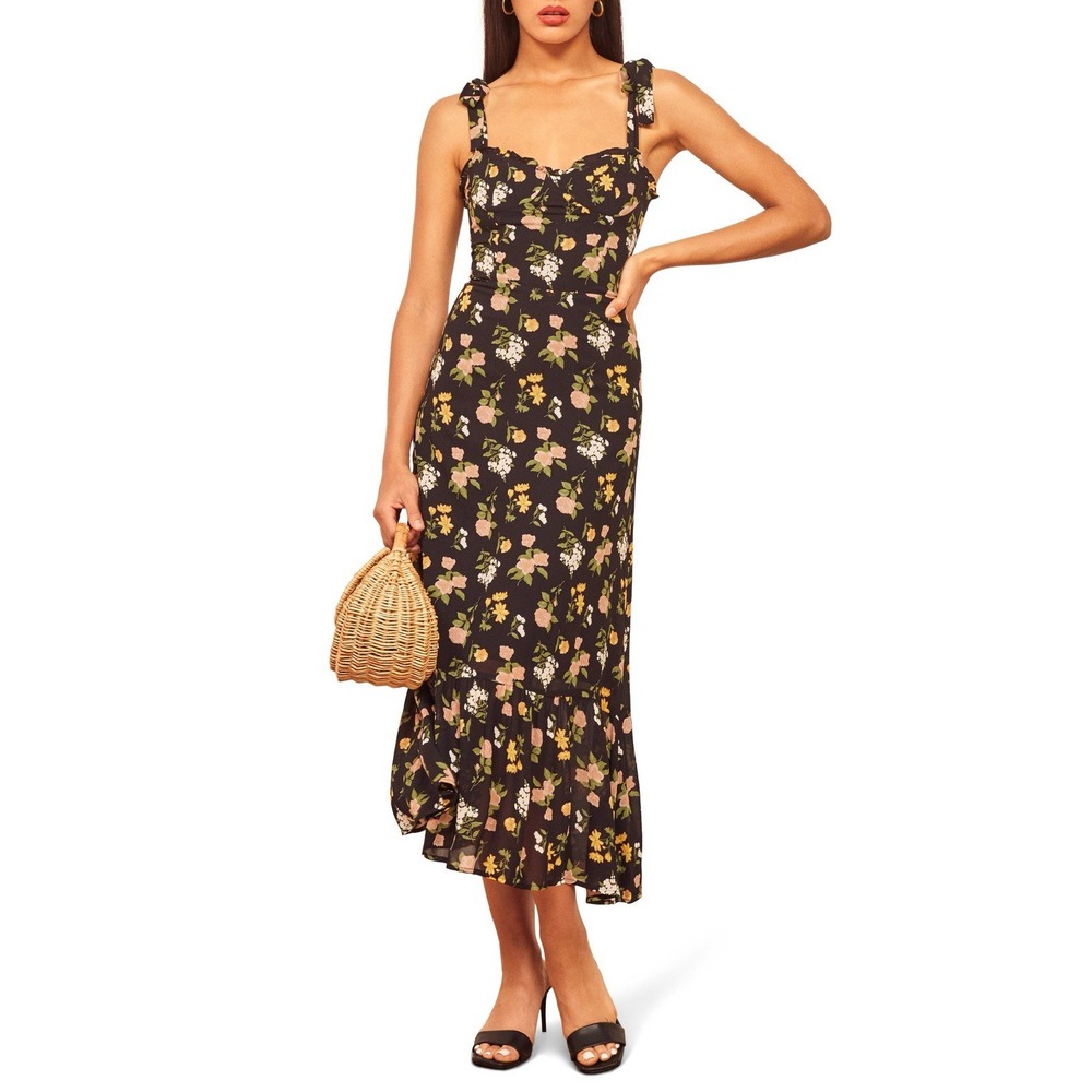 Reformation‎ Nikita Midi Dress Cottage Garden Black w/ Floral Print Size 0